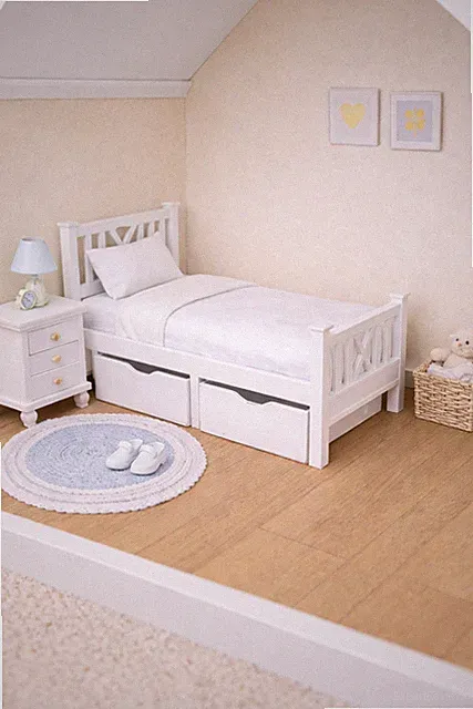 1:12 Scale Dolls House Miniature - White Single Bed with Drawers - IKEA-Inspired