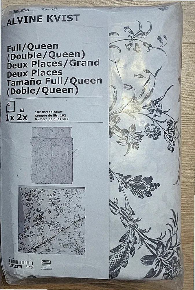 IKEA Alvine Kvist Queen Full Duvet cover and pillowcases set white gray floral