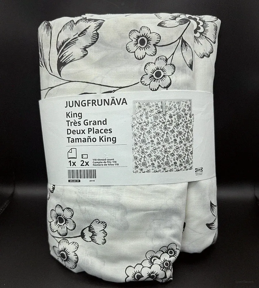 IKEA JUNGFRUNÄVA King Duvet Cover Set 3pc Cotton White/Black Floral Buttons
