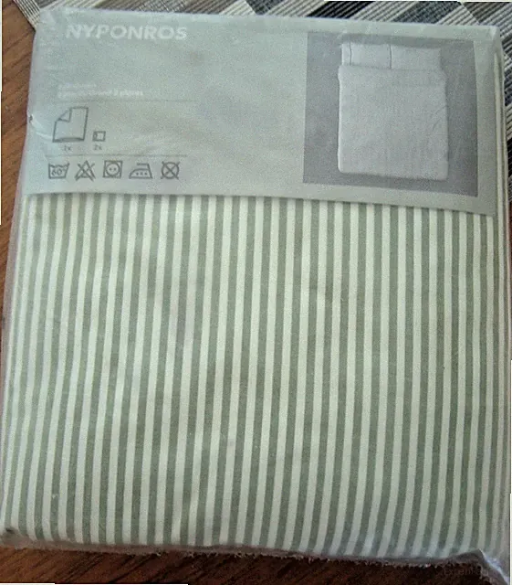 IKEA Queen Quilt Cover w/2 Pillowcases NYPONROS Green White Classic Stripes NEW