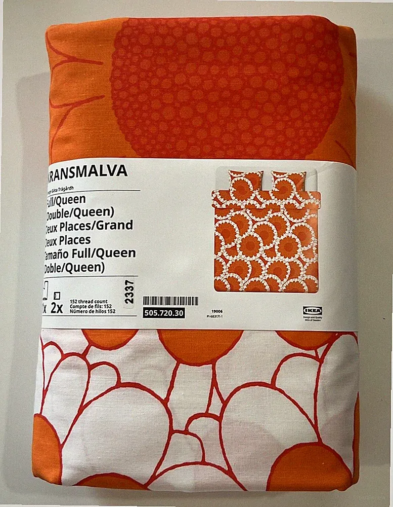 New IKEA KRANSMALVA Full Queen Duvet Cover + 2 Pillowcases Orange White Floral